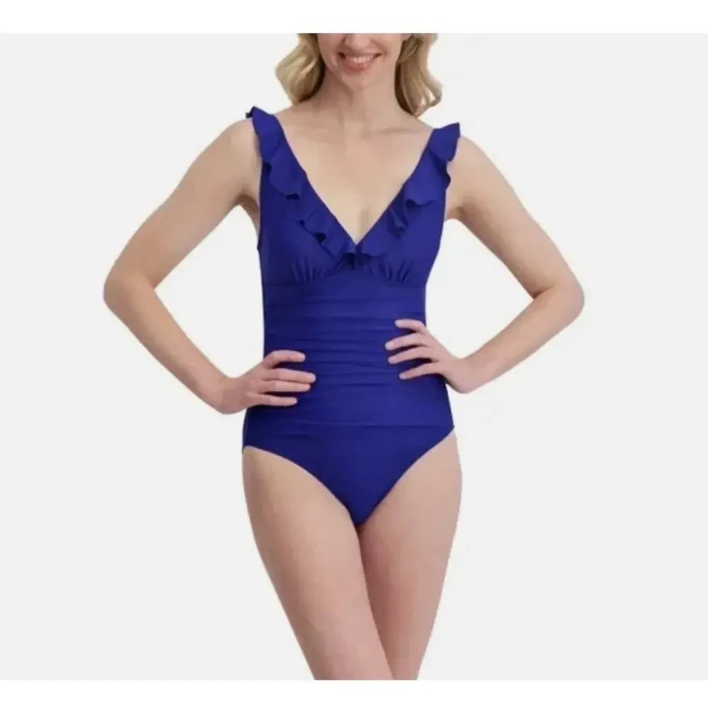 DKNY Blue One-Piece Swimsuit Ruffle Trim Adjustable Straps Size XS NWT - Picture 3 of 8